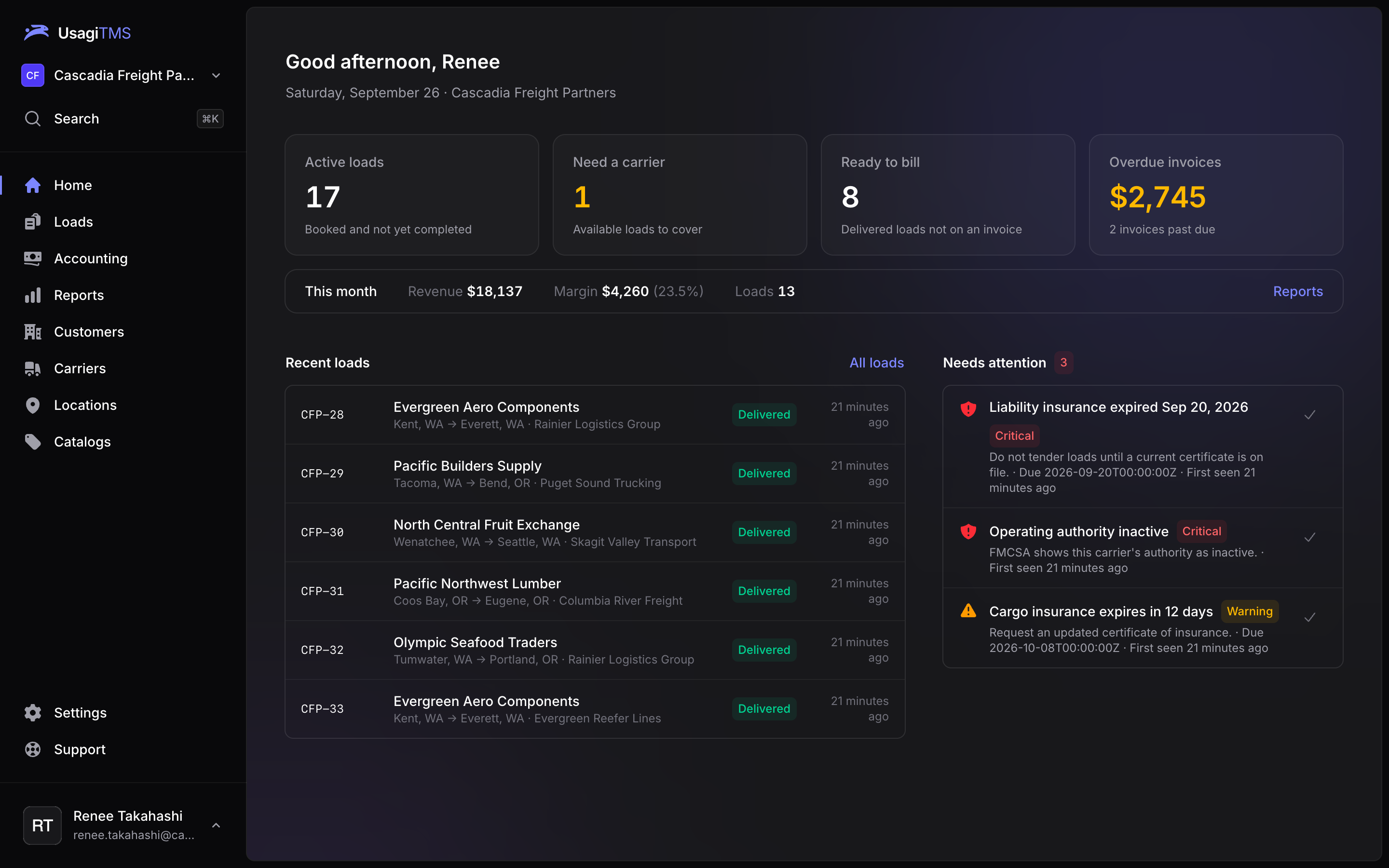 Home: today's numbers, recent loads and carrier alerts