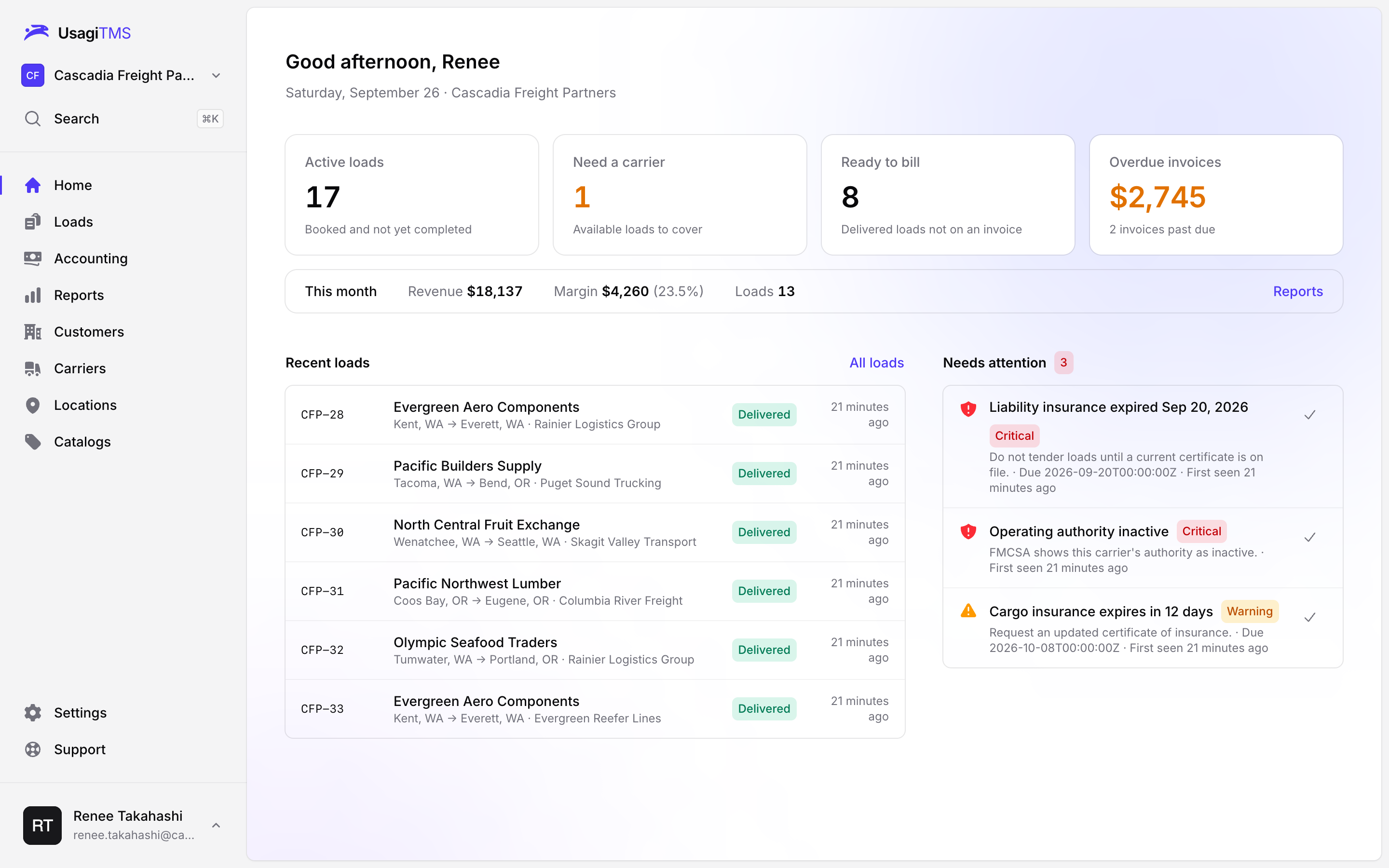 Home: today's numbers, recent loads and carrier alerts